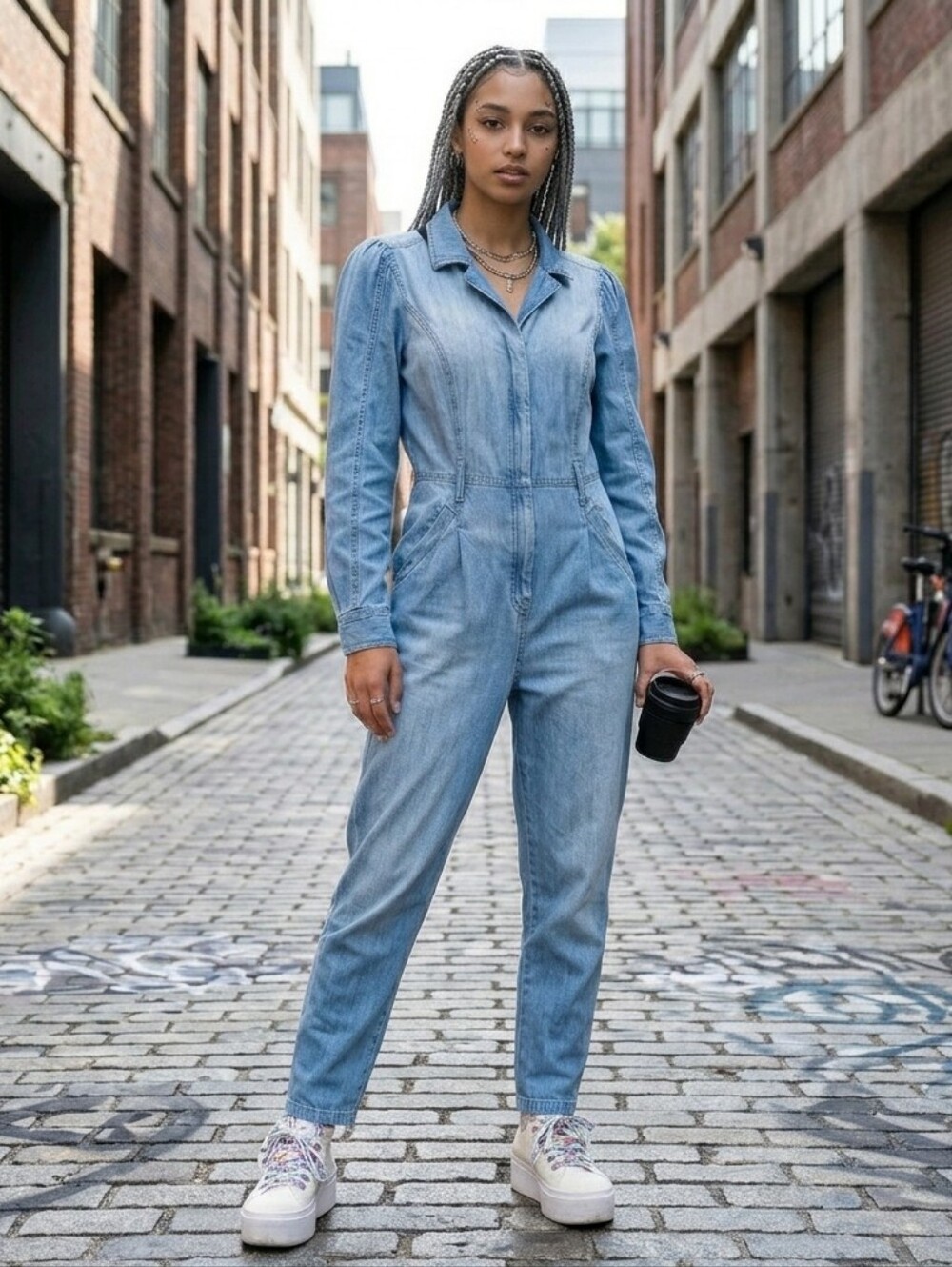 Express Blue Denim Boiler Suit Light Wash Jumpsuit Puff Shoulder Size Large